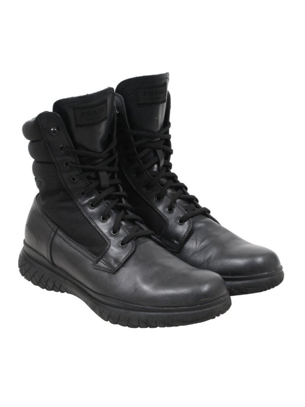 Prada Combat Boots US10 UK9 Black Leather Nylon Chunky Sport Rubber Sole